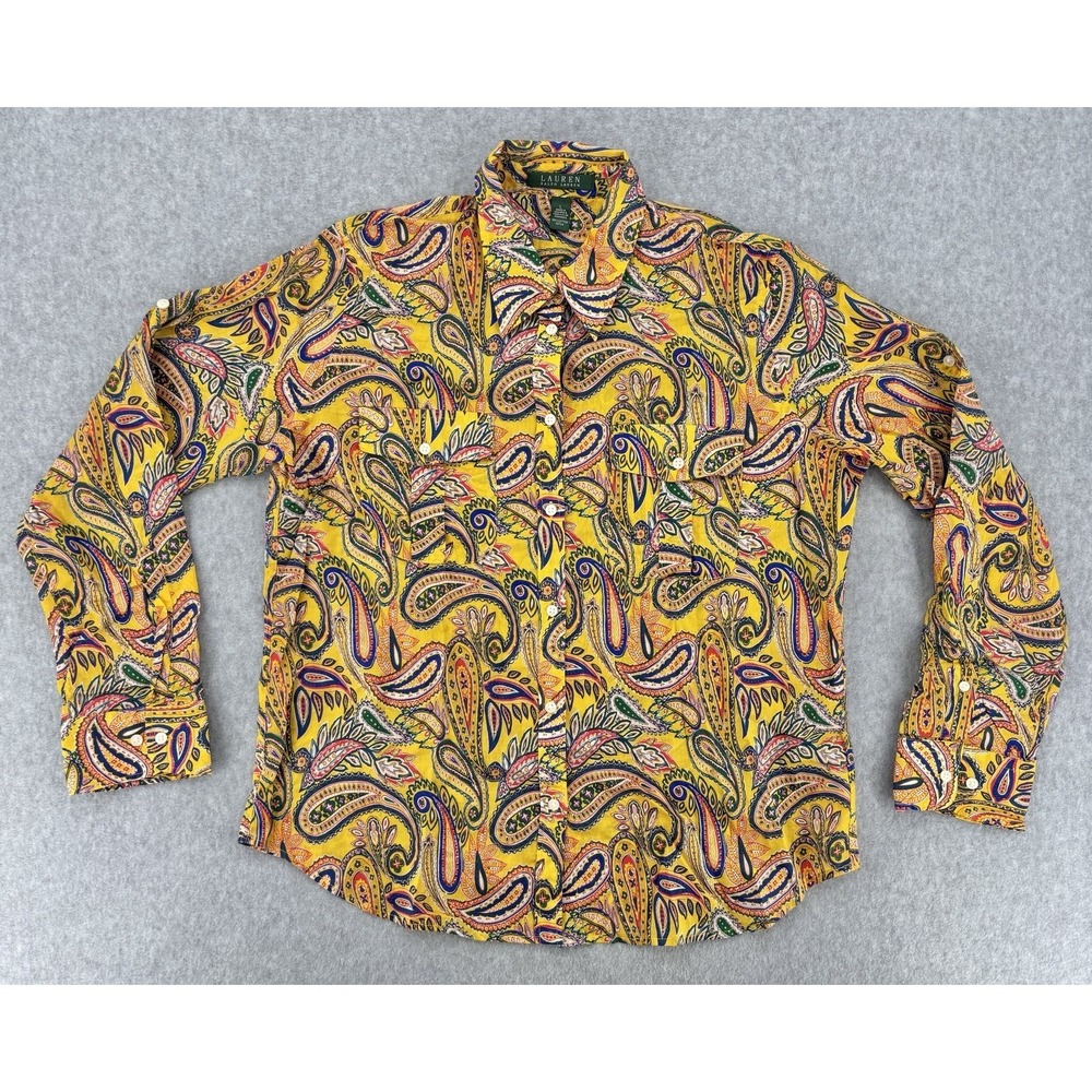 Lauren‎ Ralph Lauren Yellow Paisley Button Front Shirt Women's Large Cotton
